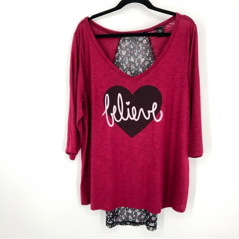 Torrid Shirt Womens 2X Red Believe Heart Graphic 3/4 Sleeve V Neck Floral Back